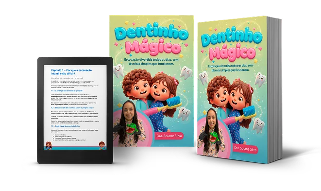 Dra. Soiane Silva mostrando técnica de escovação com o eBook Dentinho Mágico