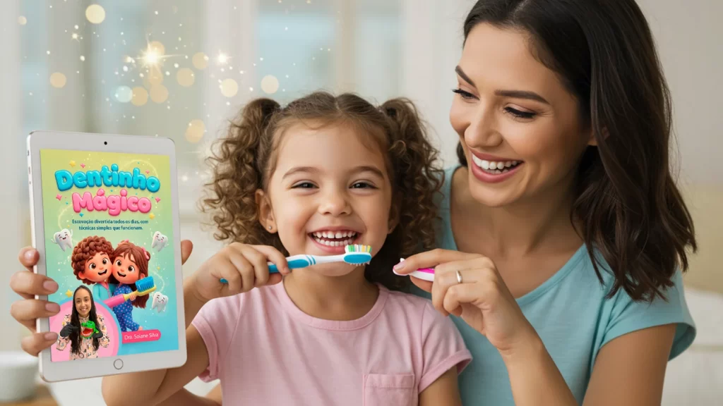 Mãe e filha sorrindo e escovando os dentes com o eBook Dentinho Mágico da Dra. Soiane Silva