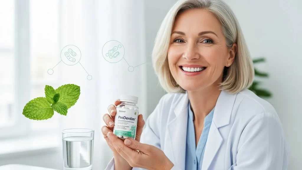 Smiling woman holding ProDentim probiotic supplement for oral health support