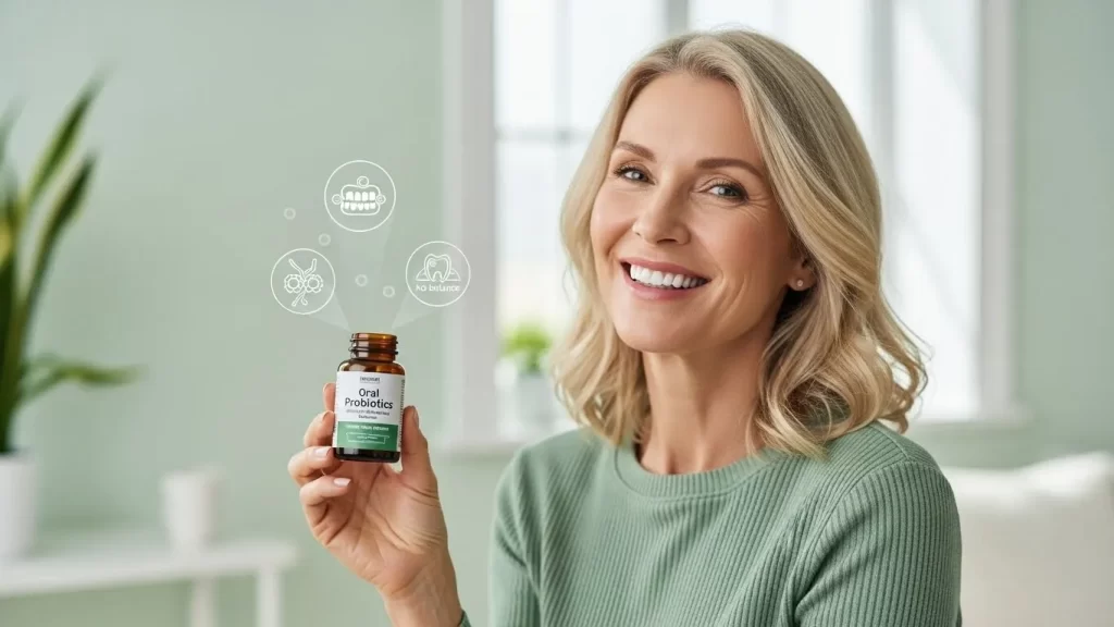 Woman holding ProDentim oral health supplement as part of a simple daily wellness routine